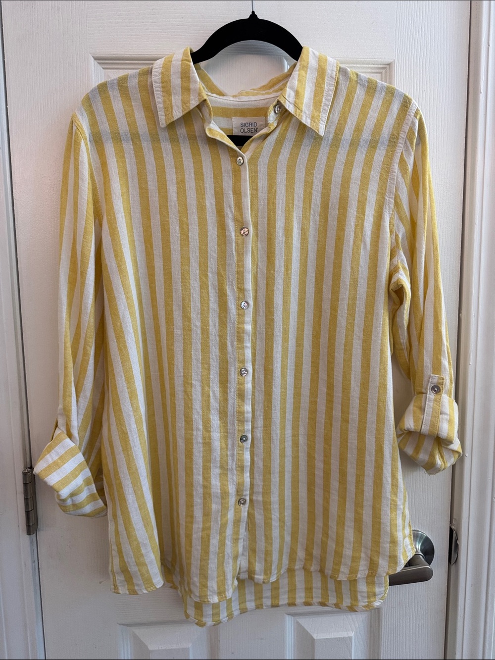 SIGRID OLSEN Linen Blend Striped Long Sleeve Button Up Shirt Size Medium